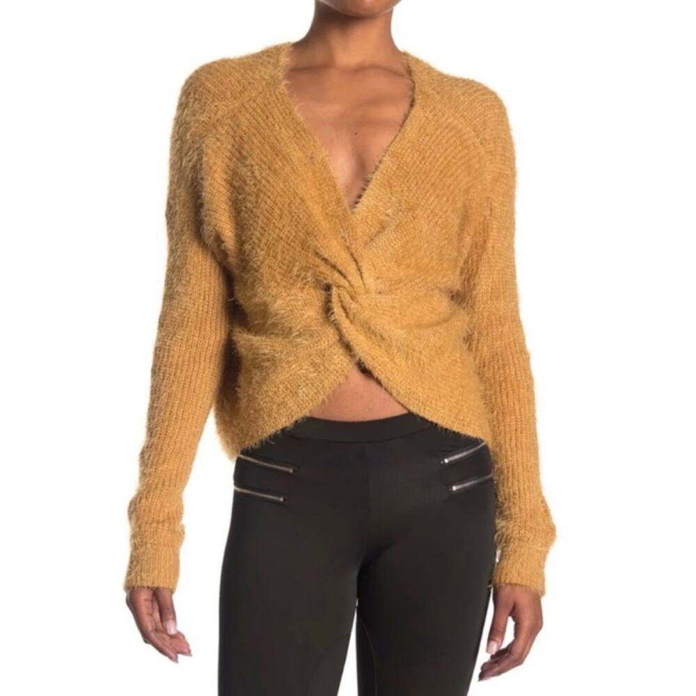 Dee Elly Golden Caramel Soft Fuzzy Knit Knot Back Reversible Sweater
